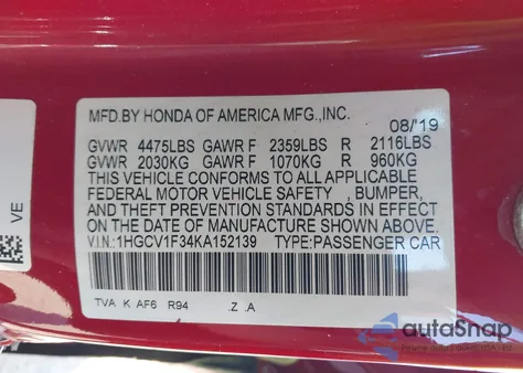 2019 Honda Accord Sport from USA, damaged, VIN 1HGCV1F34KA152139